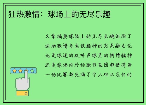 狂热激情:球场上的无尽乐趣