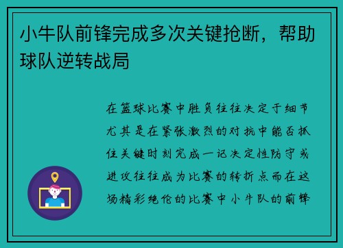 小牛队前锋完成多次关键抢断，帮助球队逆转战局