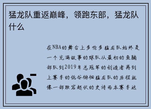 猛龙队重返巅峰，领跑东部，猛龙队什么