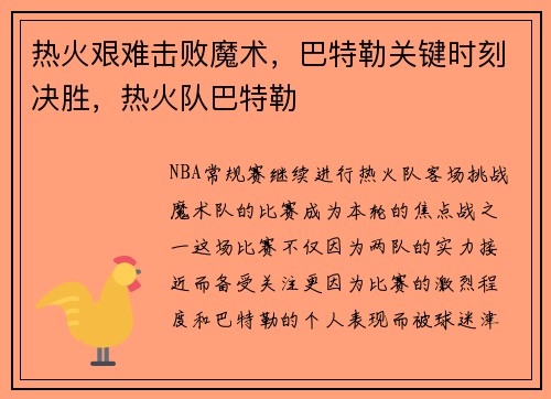 热火艰难击败魔术,巴特勒关键时刻决胜,热火队巴特勒