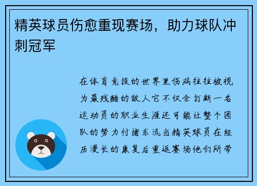 精英球员伤愈重现赛场，助力球队冲刺冠军
